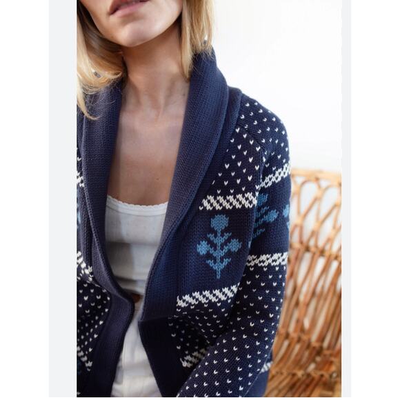 MAREA Flower Intarsia Cotton Shawl Cardigan Sweater Blue - Small - Picture 9 of 16